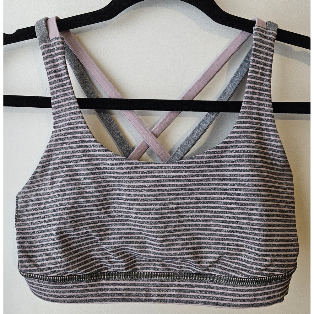 Lululemon Women's Energy Crisscross Back Sports Bra Size 6 Purple‎ Gray Striped